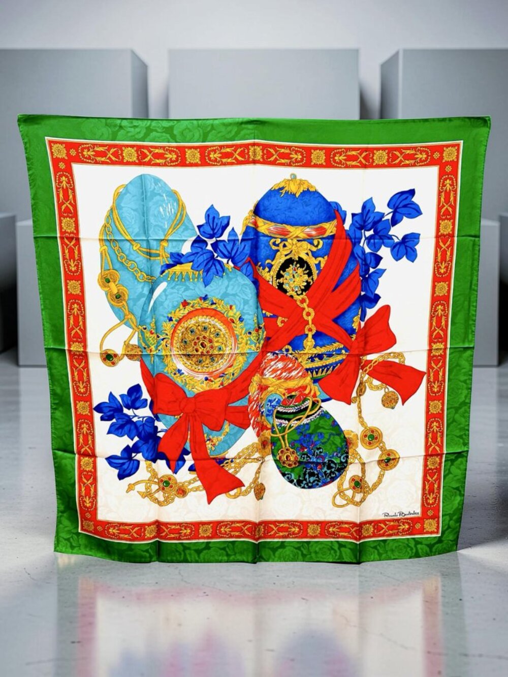 New W/Box Italy Made Renato Balestra 100% Silk Scarf 34" Green Ivery Red (66) - Picture 15 of 15
